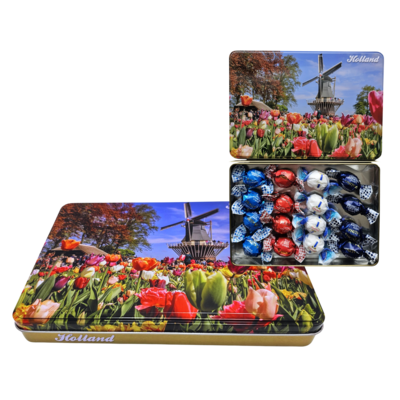 Typisch Hollands Souvenirdose – Mühle und Tulpenfeld – 16 Schokoladenkugeln