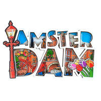 Typisch Hollands Magnet Amsterdam (bicycle and tulips) letters.