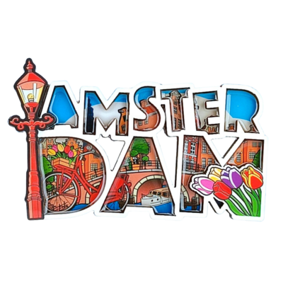 Typisch Hollands  Magneet Amsterdam ( fiets en tulpen ) letters.
