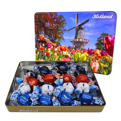 Typisch Hollands Souvenirdose – Mühle und Tulpenfeld – 16 Schokoladenkugeln