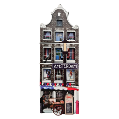 Typisch Hollands Magnet – Amsterdam – Fassadenhaus 3D-Shop mit Fischwagen