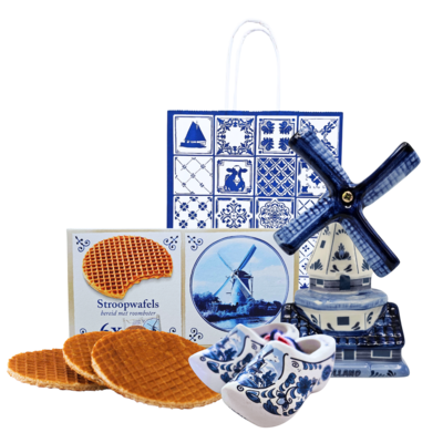 Typisch Hollands Geschenktüte – typisch holländisch – Windmühle – Sirupwaffeln und Holzschuhe