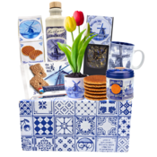 typisch-hollands-geschenkpakket Hollandse lekkernijen en bloempot tulpen in Delfts  blauwe geschenkdoos