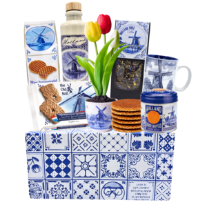 typisch-hollands-geschenkpakket Hollandse lekkernijen en bloempot tulpen in Delfts  blauwe geschenkdoos