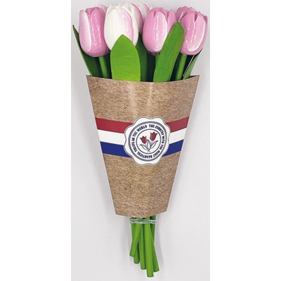 Typisch Hollands Houten Tulpen (20cm)in MIX boeket.  -Roze -wit en Wit -Roze