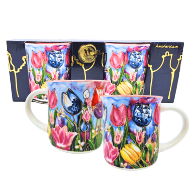 Typisch Hollands Geschenkset mit 2 Kaffeetassen – bunte Tulpen – Rick Triest