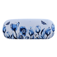 Typisch Hollands Brillenetui – Weiß mit blauen Tulpen und einem Schmetterling.