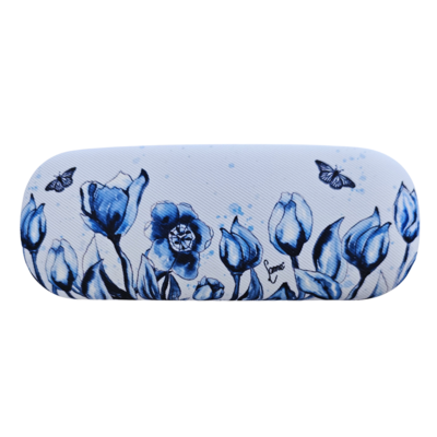 Typisch Hollands Brillenkoker - Wit met blauwe tulpen en een vlinder
