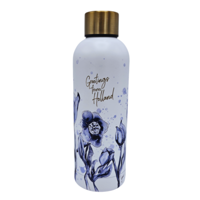 Typisch Hollands Waterfles (isoleerfles) Wit met blauwe tulpen  en vlinder