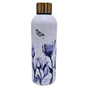 Ter Steege souvenirs Wasserflasche (Isolierflasche), weiß mit blauen Tulpen und Schmetterling