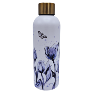Typisch Hollands Wasserflasche (Isolierflasche), weiß mit blauen Tulpen und Schmetterling