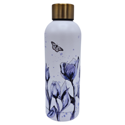 Typisch Hollands Wasserflasche (Isolierflasche), weiß mit blauen Tulpen und Schmetterling