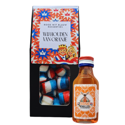 Typisch Hollands Giftsetje - Wij houden van Oranje - Oranjeshotje & Holland kussentjes