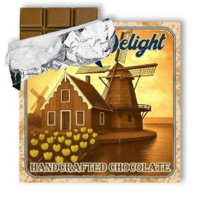 Typisch Hollands Milchschokoladentafel, 180 Gramm, in Vintage-Verpackung – Windmühle und Tulpen am Wasser
