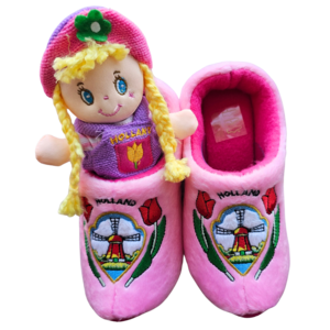 Typisch Hollands Pink Wooden Shoe Slippers - Windmills - now with FREE cuddly doll