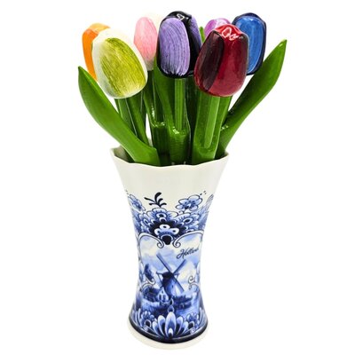 Nijhuis  Holztulpen – 20 cm – in einer Delfter-blauen Vase
