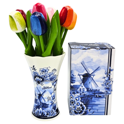 Typisch Hollands Holztulpen – 20 cm – in einer Delfter-blauen Vase