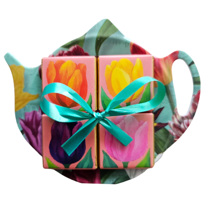 Typisch Hollands Theezak - Schoteltje - Pretty tulips - met 5 chocoladetabletjes