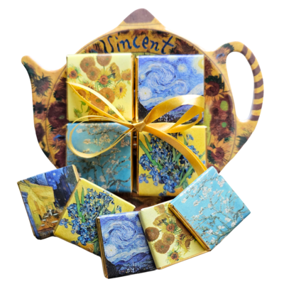 Typisch Hollands Theezak - Schoteltje - van Gogh`s Zonnebloemen met 5 chocoladetabletjes