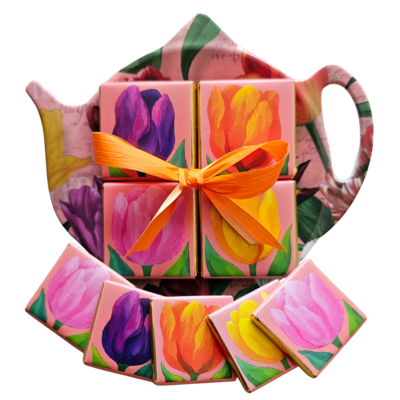 Typisch Hollands 	Tea bag - Saucer - Pretty tulips - with 5 chocolate tablets