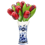 Typisch Hollands Delfts blauwe vaas met 9 houten tulpen - Rood - Donker
