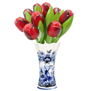 Nijhuis  Delfter blaue Vase mit 9 Holztulpen - Rot - Dunkel