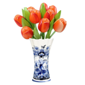 Nijhuis  Delfts blauwe vaas met 9 houten tulpen - Oranje