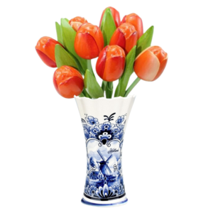 Typisch Hollands Delfter blaue Vase mit 9 Holztulpen - Orange