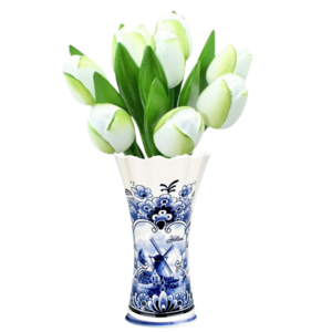 Typisch Hollands Delfter blaue Vase mit 9 Holztulpen - Weiß
