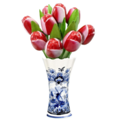 Nijhuis  Delfts blauwe vaas met 9 houten tulpen - Rood-Wit