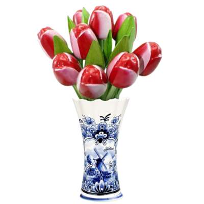Typisch Hollands Delft blue vase with 9 wooden tulips - Red-White