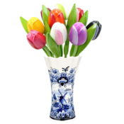 Typisch Hollands Delft blue vase with 9 wooden tulips - mixed colors