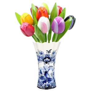 Typisch Hollands Delfter blaue Vase mit 9 Holztulpen – verschiedene Farben