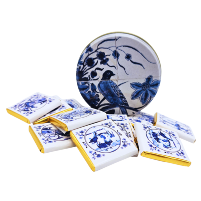 Typisch Hollands Delft blue tile tableau tin with chocolate tiles.