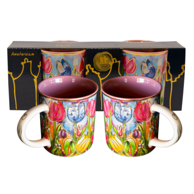 Typisch Hollands Geschenkset mit 2 Kaffeetassen – bunte Tulpen – Rick Triest