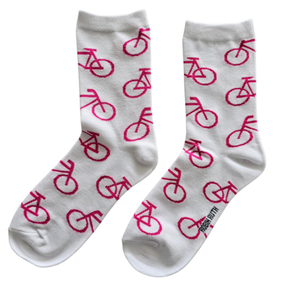 Typisch Hollands Damensocken – Fahrräder – sportlich weiß mit rosa Fahrrädern