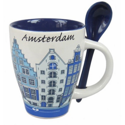 Typisch Hollands Mug with spoon - Delft blue gable houses