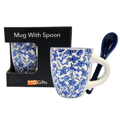 TTD Gifts Espressotasse mit Löffel – Delfter Blau mit floralem Motiv und Tulpen