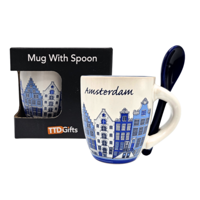 TTD Gifts Espresso mok met lepel - Amsterdam - Wit Blauw