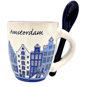 TTD Gifts Espresso mug with spoon - Amsterdam - White Blue
