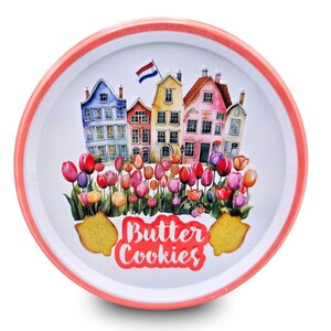Typisch Hollands Holländische Tulpenkekse in einer Aufbewahrungsdose – Giebelhäuser und Tulpen – 114 Gramm