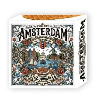 Stroopwafels (Typisch Hollands) Stroopwafels in einer nostalgischen Schachtel Amsterdamer Stadtbild