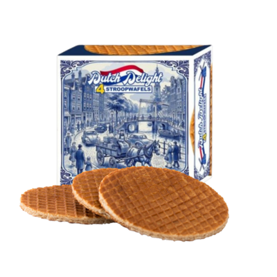 Stroopwafels (Typisch Hollands) Stroopwafels in nostalgisch doosje Delfts blauw - Oud straatbeeld