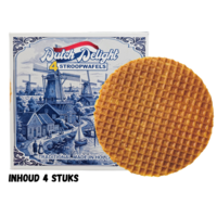 Stroopwafels (Typisch Hollands) Stroopwafels in einer nostalgischen Delfter-Blau-Schachtel – holländische Windmühlenlandschaft