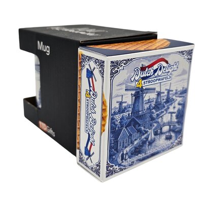 Typisch Hollands Geschenkset stroopwafels en mok - Delfts blauwe molens - Compact cadeau