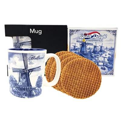 Typisch Hollands Geschenkset stroopwafels en mok - Delfts blauwe molens - Compact cadeau