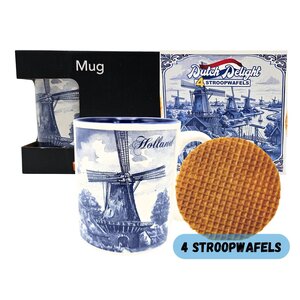 Typisch Hollands Geschenkset stroopwafels en mok - Delfts blauwe molens - Compact cadeau