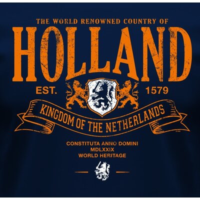 Fox Originals Holland-T-Shirt, blau mit orangefarbenem Aufdruck – Löwen und Wappen