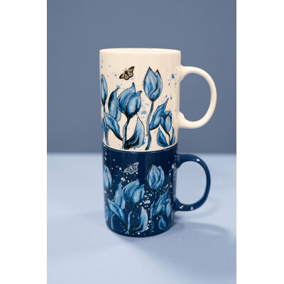 Ter Steege souvenirs Blauer Becher mit weißen und blauen Tulpen und Schmetterling