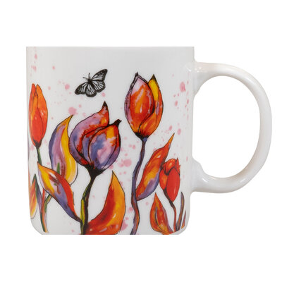 Ter Steege souvenirs White mug with orange-red tulips and butterfly.